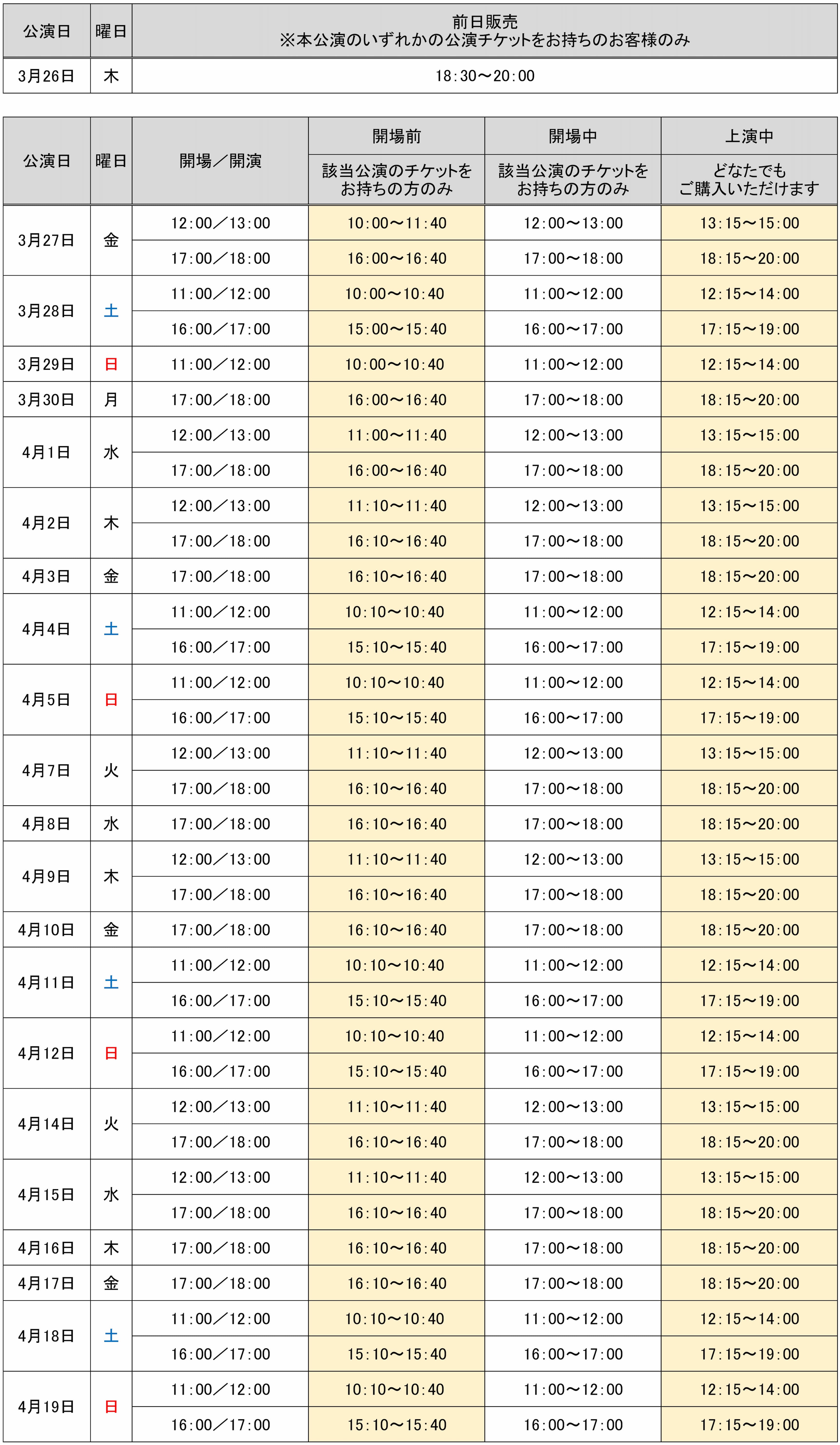販売開始時間一覧